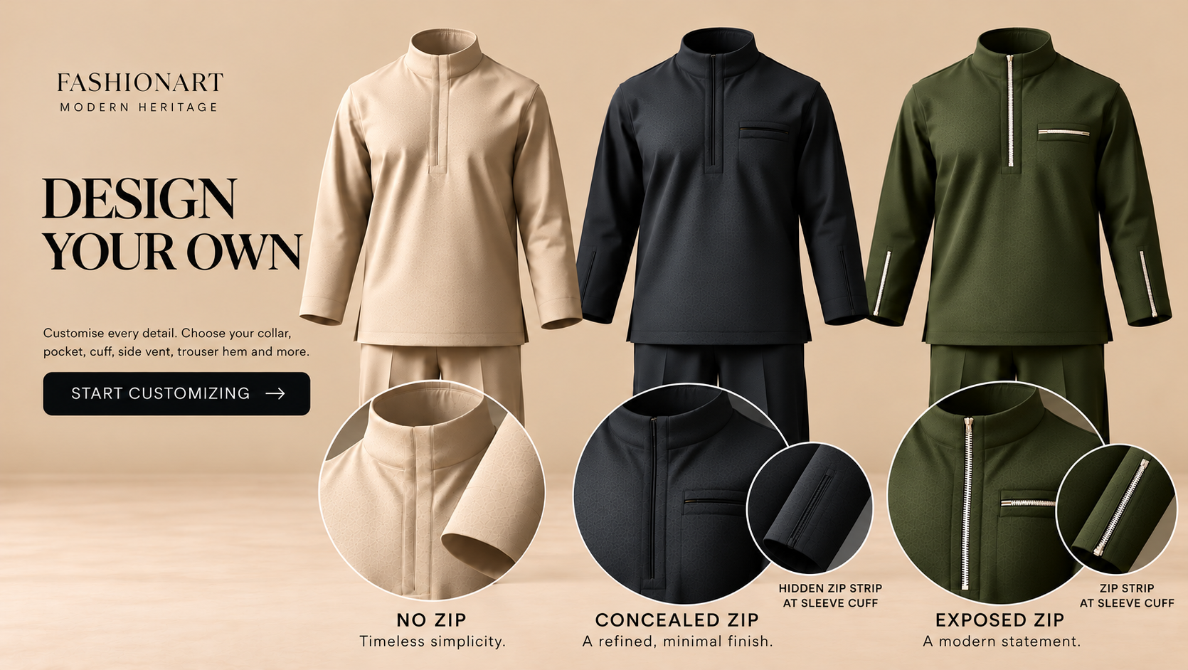 Three Modern Heritage outfits showing no zip, concealed zip and exposed zip