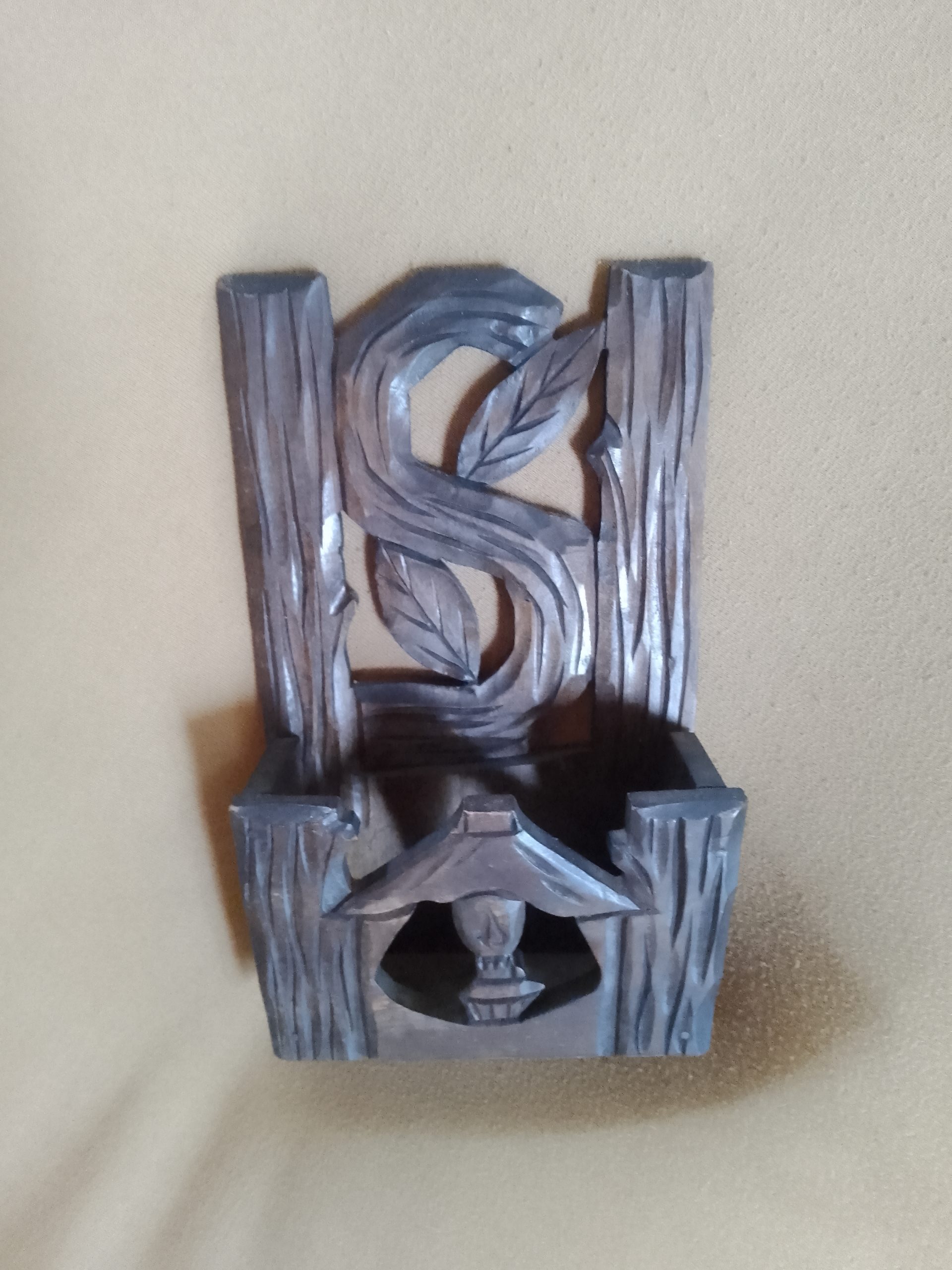 Vintage Hand-Carved Wooden Wall Pocket